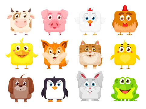 Cartoon kawaii square animal faces of cute pets. Vector kawaii smile faces of baby cat, rabbit and pig, happy cartoon animal characters with smile, dog and chick, cow, piglet and bunny