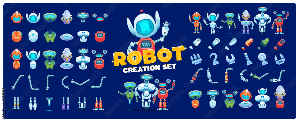 Poster robot creation kit. cartoon character constructor and animation asset. vector set of editable droid 