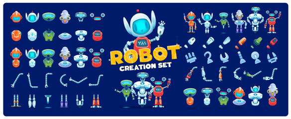 Robot creation kit. Cartoon character constructor and animation asset. Vector set of editable droid arms, legs, bodies and head elements. Artificial intelligence machines and cyborg personages creator - obrazy, fototapety, plakaty