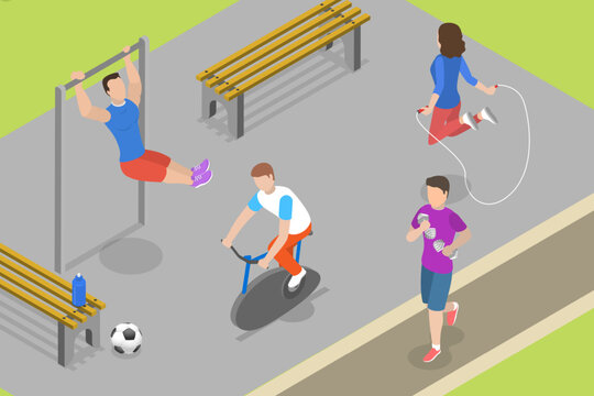 3D Isometric Flat Vector Conceptual Illustration of Outdoor Exercise, Athletic Activities in Park