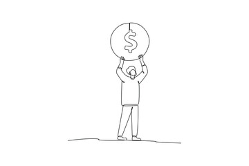 Fototapeta na wymiar Continuous one-line drawing man holds up money. Financial literacy concept single line drawing design graphic vector illustration