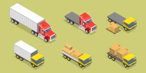 Fotobehang Auto cartoon 3D Isometric Flat Vector Set of Trucks, Commercial Delivery Vehicles