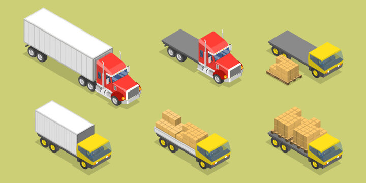 3D Isometric Flat Vector Set of Trucks, Commercial Delivery Vehicles