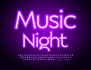 Vector glowing banner Music Club. Modern Neon Font. Electric Alphabet Letters, Numbers and Symbols set