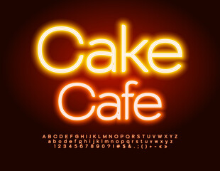 Vector advertising Banner Cake Cafe. Bright Neon Font. Modern Glowing Alphabet Letters and Numbers