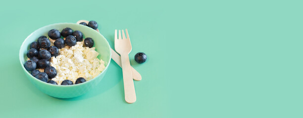 Deep plate with cottage cheese and blueberries on a turquoise background, copy space. Healthy breakfast concept.