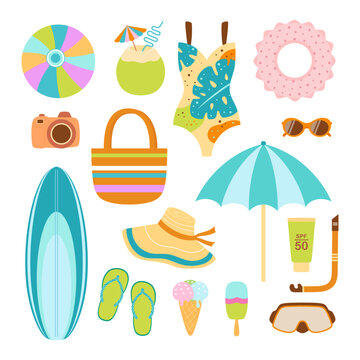 summer vector illustration with beach accessories, flat style