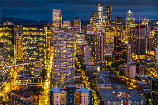 Aerial view of downtown in Seattle from Space Needle at night.
