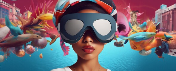 woman virtual future vr blue travel digital technology reality abstract glasses. Generative AI.
