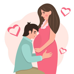 Happy family concept. Young pregnant woman with husband.Child expectation, new life, happy family. Vector flat illustration.