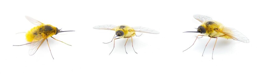 parasitic bee for hover fly - Systoechus solitus - wing iridescent color, blonde fuzzy furry yellow cream colored.  isolated on white background three views