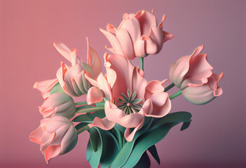 a pink tulip bouquet against a pink background. Generative AI