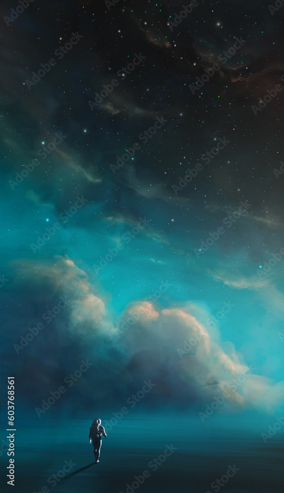 Poster space background. astronaut walking on reflection surface with colorful cloud, nebula. digital paint