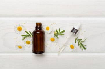 Bottle with chamomile essential oil and flowers on wooden background, top view