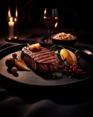 A plate of beef meat with mushroom, vegetables, potato, tomato, shallot and sauce. Generative AI illustration.