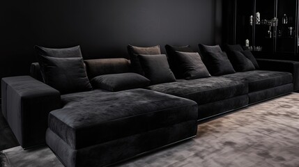 Luxury black alcantara sofa for the real comfortand and for sensory touch. Generative AI Technology 