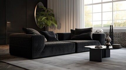 Luxury black alcantara sofa for the real comfortand and for sensory touch. Generative AI Technology  - obrazy, fototapety, plakaty