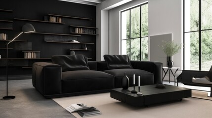 Luxury black alcantara sofa for the real comfortand and for sensory touch. Generative AI Technology  - obrazy, fototapety, plakaty