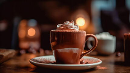 Illustration of a cup of hot chocolate with a blurry environment, creating a cozy atmosphere. Generative AI