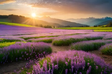 Fototapeta na wymiar lavender field in the morning by AI generative