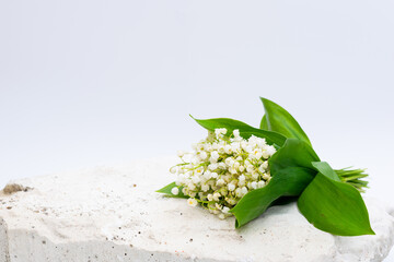 Bouquet of lilies of the valley on white stone with writing space on white background, suitable for greeting message