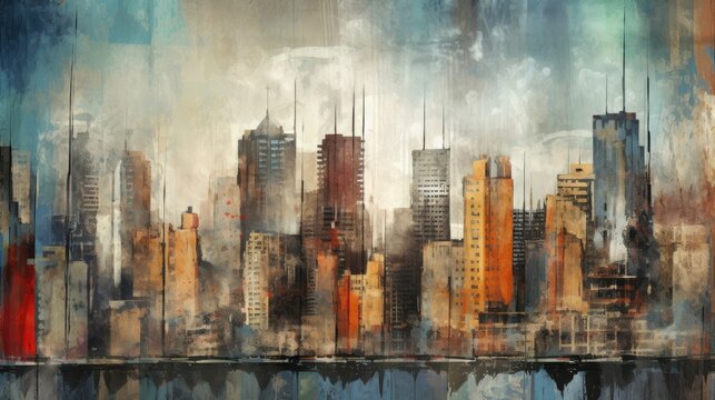 Cityscape in grungy concrete wall texture created using generative AI tools