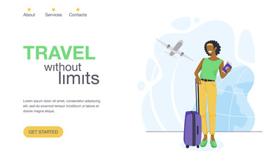 Travel landing page vector template. Travel without limits. A black woman stands with a passport, ticket and luggage. Adventure, travel or relocation services concept