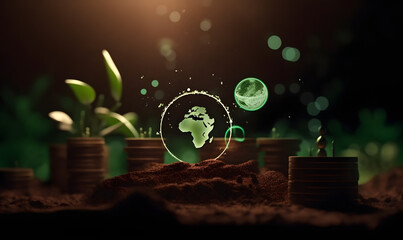 Concept for natural climatic solutions. Avoiding greenhouse gas emissions via increasing carbon storage in forests, grasslands, and wetlands. On a natural background, gears and a globe with leaves.