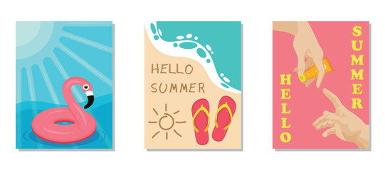 Postcard, banner, poster. Summer together with: sun, sea, ocean, sand, hands, flamingos, flip flops, slippers and cream. Vector illustration in flat design EPS10.