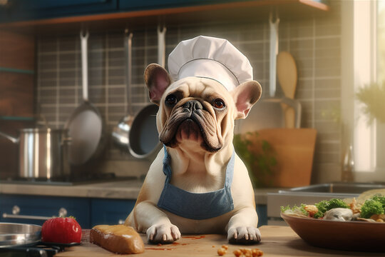 Funny image of a French Bulldog in a chef costume, showcasing culinary humor in the kitchen setting. Copy space Perfect for food-related projects and entertainment-themed designs, ai generative