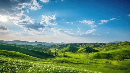 Beautiful spring landscape scene with rolling green hills and flowers