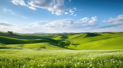 Obraz premium Beautiful spring landscape scene with rolling green hills and flowers