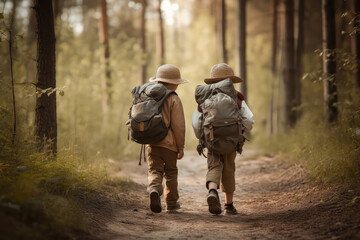 Boys on a forest road with backpacks