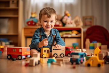 A young boy playing with toys on the floor - obrazy, fototapety, plakaty