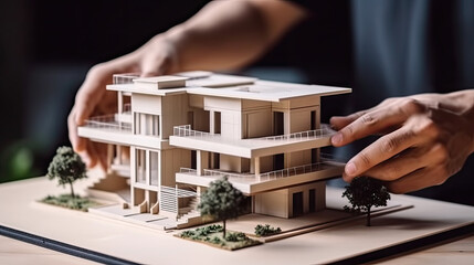 Close up of an architect or engineer making a model house