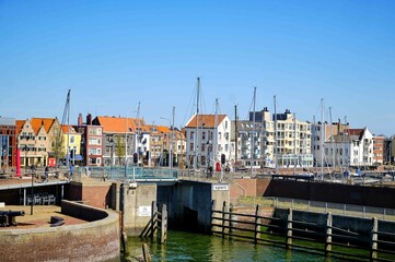 Fototapeta premium View on the harbour of the Dutch city Vlissingen in the province Zeeland which lying near the North Sea
