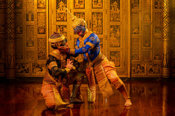 Khon or traditional Thai classic masked from the Ramakien with black and blue monkey stand together...
