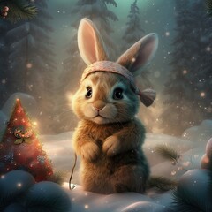 bunny celebrating christmas and new year on the background of fabulous winter forest, christmas card with xmas tree. Generative AI