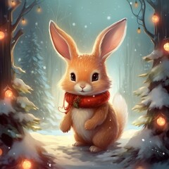 bunny celebrating christmas and new year on the background of fabulous winter forest, christmas card with xmas tree. Generative AI