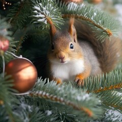 vintage composition with branches of a winter forest and a squirrel. Generative AI