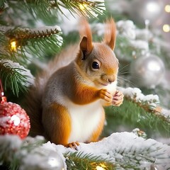 vintage composition with branches of a winter forest and a squirrel. Generative AI