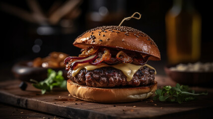 A succulent Wagyu beef burger grilled to perfection, topped with melted Gruyere cheese, caramelized onions, and crispy bacon, all nestled between a toasted brioche bun, Generative AI, Generativ, KI