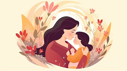 Illustration of mother with her little child, flower in the background