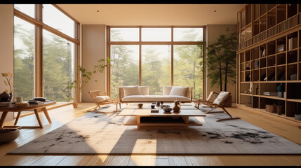 Large living room with elements of elements of Japanese design like minimalism