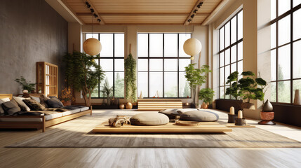 Fototapeta na wymiar Large living room with elements of elements of Japanese design like minimalism