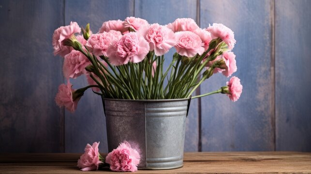 Pink carnation flowers in zinc bucket created using generative AI tools