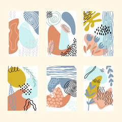 Set abstract backgrounds vector. Hand drawn various shapes and objects. Contemporary modern trendy vector illustrations. Every background is isolated. Pastel colors