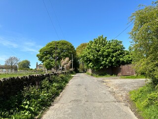 Rural scene, looking up Green Lane, with wild plants, dry stone walls, and houses, on a late spring day in, Shelf, UK