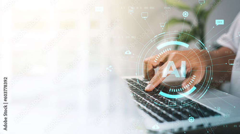 Fototapete Business man using digital chatbot application Artificial Intelligence (AI). Futuristic technology transformation by entering command prompt for artificial intelligence.
