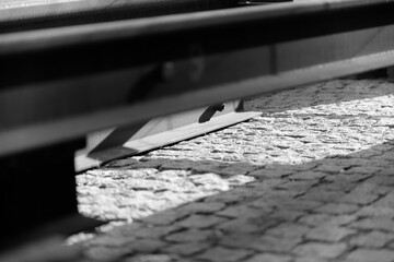 Tram rail lying on a paving stones